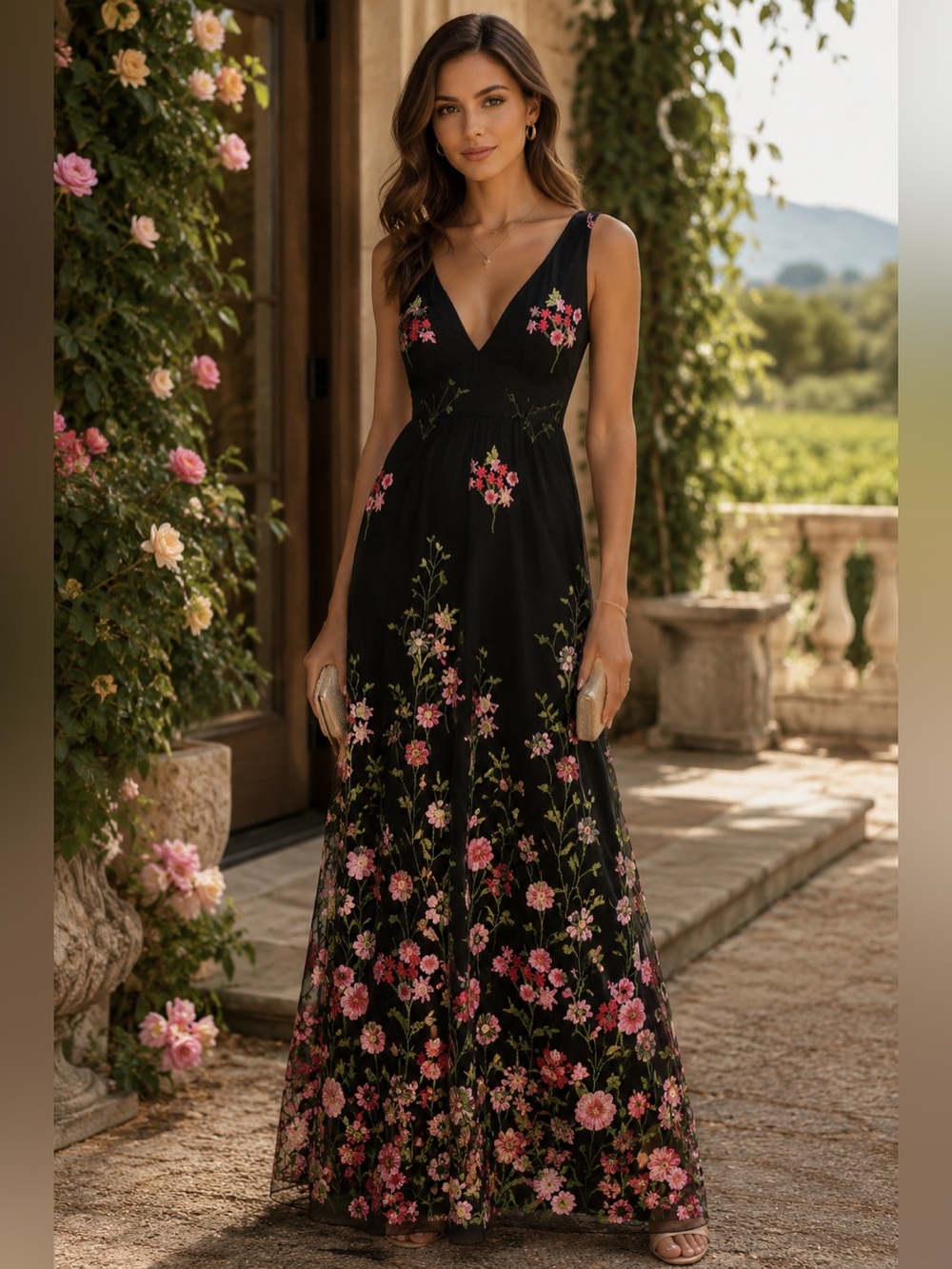 NWT Lulus Black Floral Embroidered Mesh Maxi Dress Gown Size M Wedding Formal